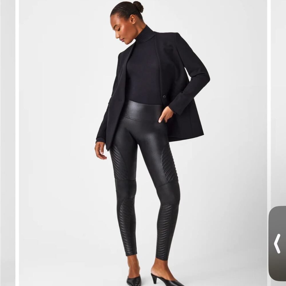 Spanx Faux Leather Moto Leggings Very Black Medium Pull On Sexy Falttering